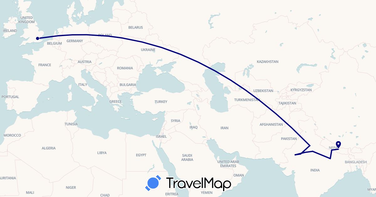 TravelMap itinerary: driving in United Kingdom, India, Nepal (Asia, Europe)